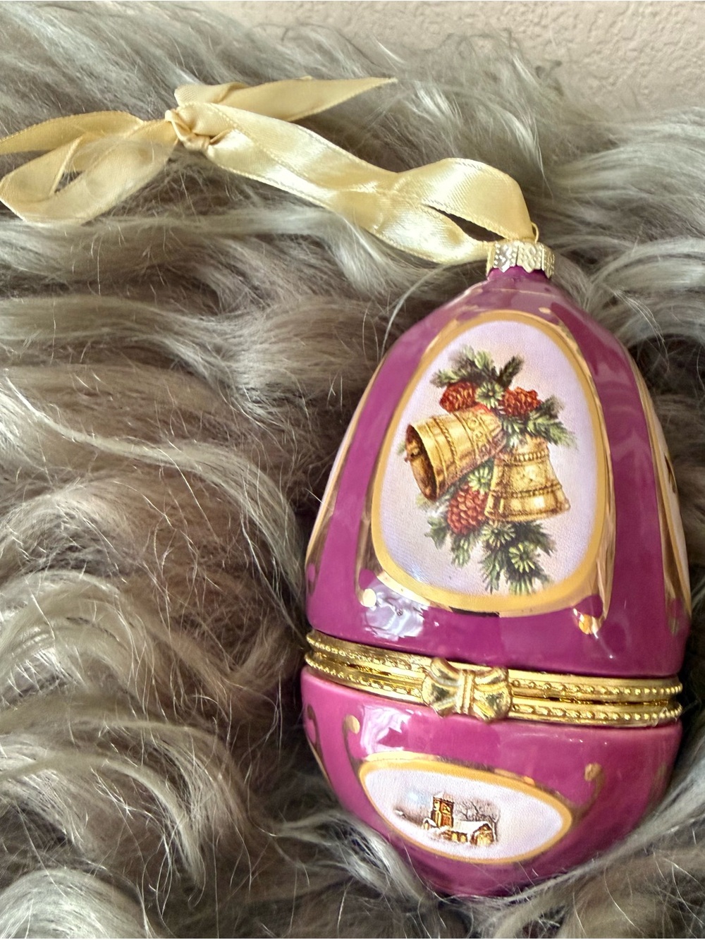 Purple Holiday Egg Ornament with Gold Accents and Bell Motif
